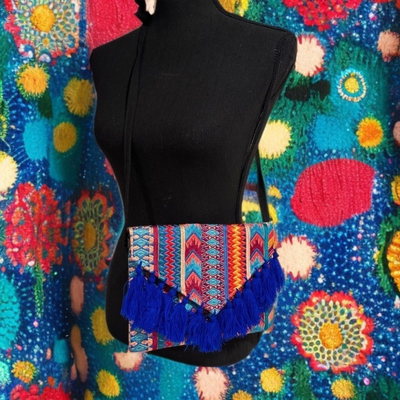Ethnic Boho Large Clutch Suede Wristlet Bag Handmade Embroidery Tassels Indi NEW - Picture 11 of 13